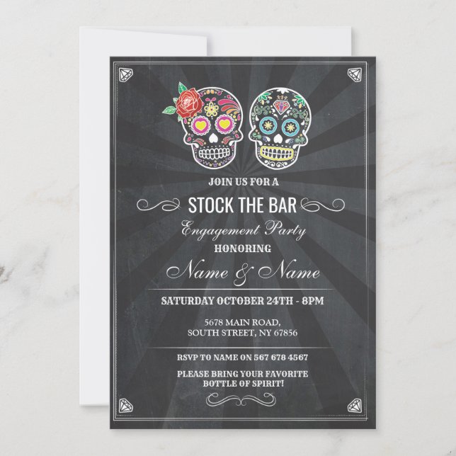 Stock Bar Sugar Skulls Halloween Chalk Invite Einladung (Vorderseite)