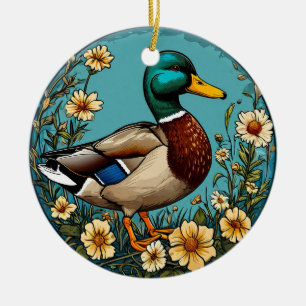 Stockente umgeben von lebendigen Blumen in einem S Keramik Ornament