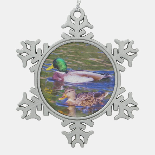 Stockenten-Enten Schneeflocken Zinn-Ornament (Vorderseite)