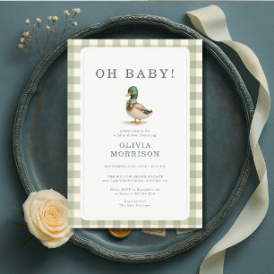 Stockenten-Entenküken Gingham Grün Baby Shower Einladung