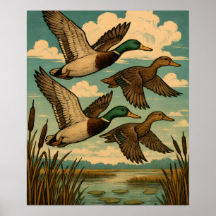 Stockenten im Flug Wildlife Art Poster