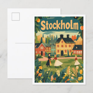Stockholm Schweden Kunst Vintage Reiseillustration Postkarte