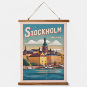 Stockholm Schweden Reise Vintage-Wasserfront-Gesch Wandteppich Mit Holzrahmen