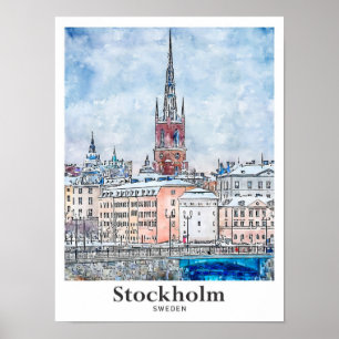 Stockholm Schweden Reise Wasserfarbe Handgezeichne Poster