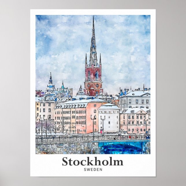 Stockholm Schweden Reisen Wasserfarbenhandzeichnun Poster (Vorne)