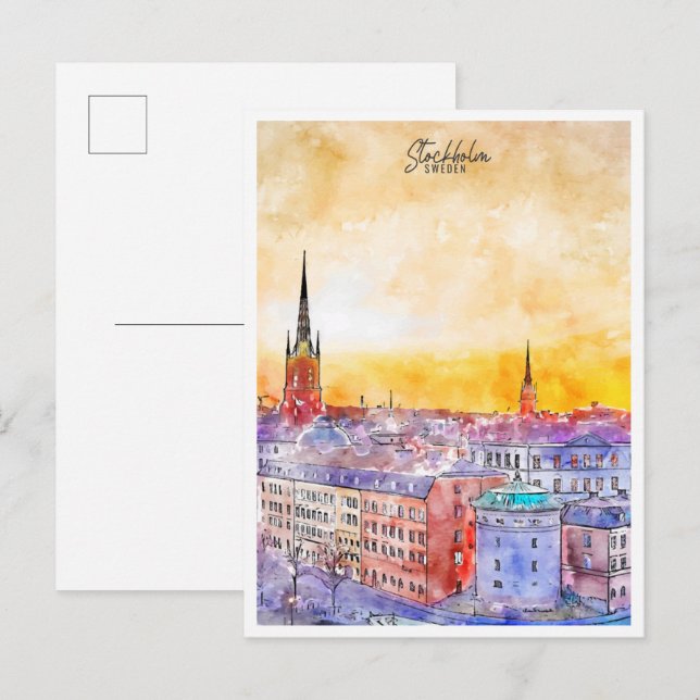 Stockholm Schweden Vintage Reise Aquarell Postkarte (Vorne/Hinten)