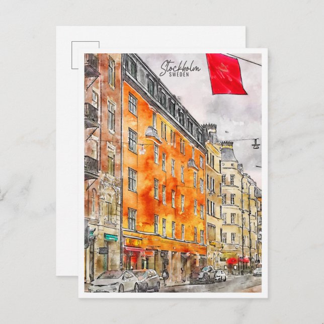 Stockholm Schweden Vintage Reise Aquarell Postkarte (Vorne/Hinten)