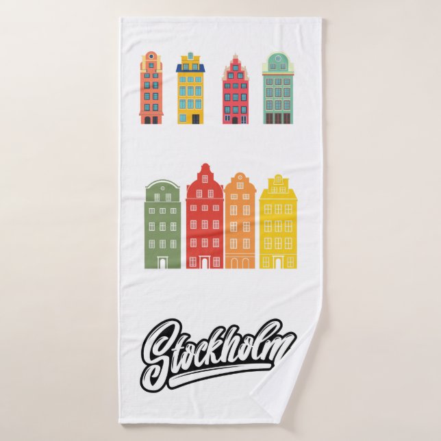 Stockholm Stadt Schweden Farbige Grafik Weiß Badhandtuch Set (Badehandtuch)