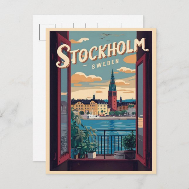 Stockholm Sweden Reise Vintage Balkon Aussichtsges Postkarte (Vorne/Hinten)
