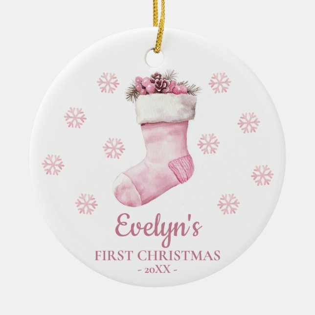 Stocking Personalized Girl's First Christmas Keramik Ornament (Vorne)