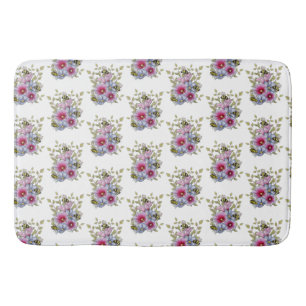 Stockrosen und Blaue Blumen mit Hummeln Badematte