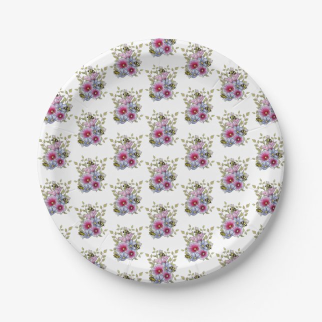 Stockrosen und Blaue Blumen mit Hummeln Pappteller (Vorderseite)