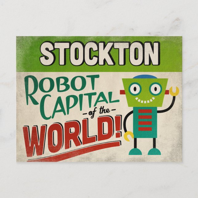 Stockton California Robot - Funny Vintag Postkarte (Vorderseite)