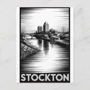 Stockton California Skyline Schwarz Weiß Holzschni Feiertagspostkarte