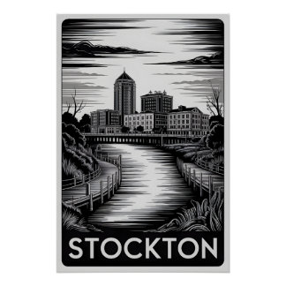 Stockton California Skyline Schwarz Weiß Holzschni Poster