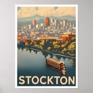 Stockton California Vintage Travel Illustration Poster