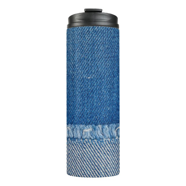 Stoff Blue Jeans Background, Denim Textur Thermosbecher (Vorderseite)