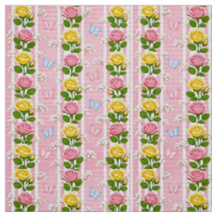 Stoff Rosa und Gelbe Rosen Floralstreifen