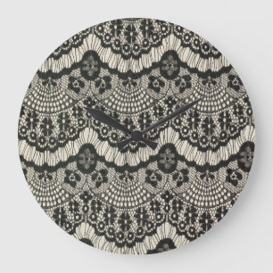 Stoffe Spitzen-Ornament auf Weiß. Große Wanduhr
