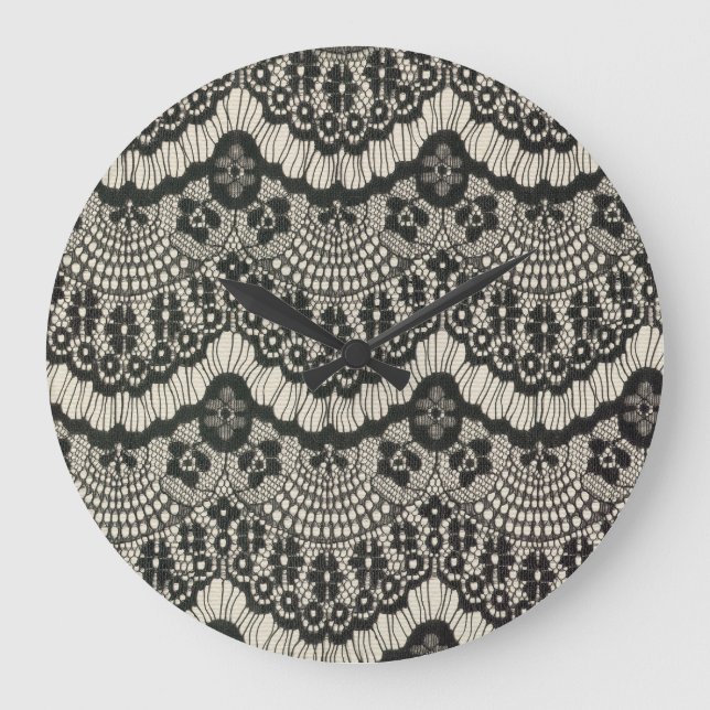 Stoffe Spitzen-Ornament auf Weiß. Große Wanduhr (Vorderseite)