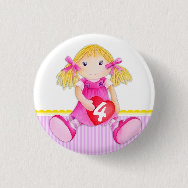 Stoffpuppe Mädchen 4 Geburtstag Button Abzeichen (Vorderseite)