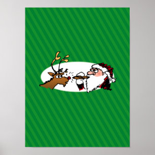 Stogie Santa und Rentier auf grünen Streifen Poster