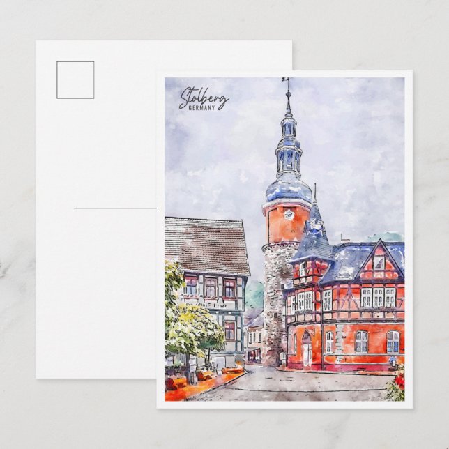 Stolberg Deutschland Vintage Reise Aquarell Postkarte (Vorne/Hinten)