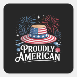 Stolz amerikanisch - Patriotic Beach Sunhat Quadratischer Aufkleber