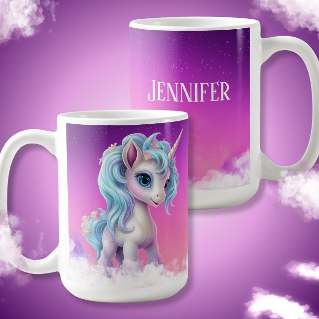 Stolz Einhorn auf Wolken, rosa Himmel, Sterne & Na Kaffeetasse (Name Pink Unicorn on clouds Coffee Mug)