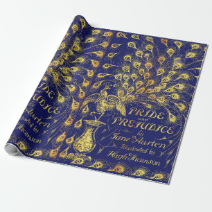 Stolz und Präjudice Blue Gold Pfauenbuchdeckung Geschenkpapier