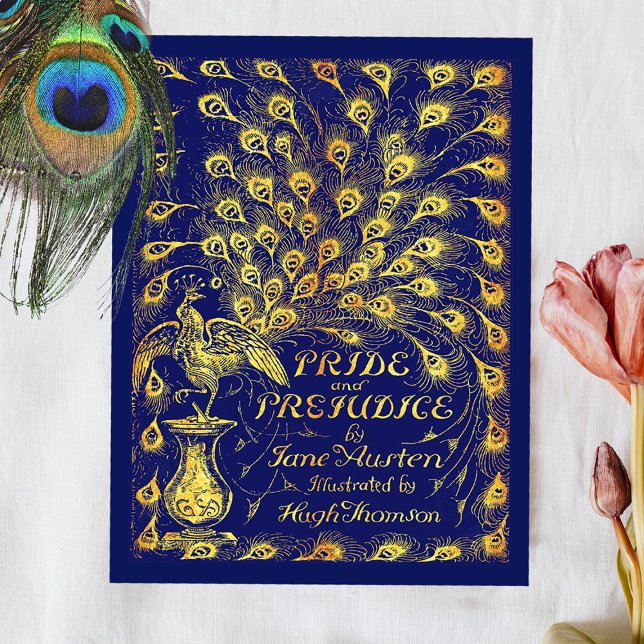 Stolz und Präjudice Blue Gold Pfauenbuchdeckung Postkarte (Von Creator hochgeladen)