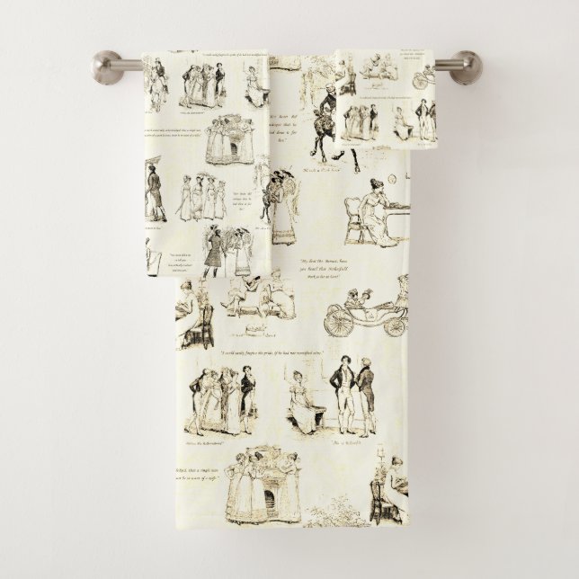 Stolz und Vorurteile Beige Sepia Toile Quotes Badhandtuch Set (Insitu)