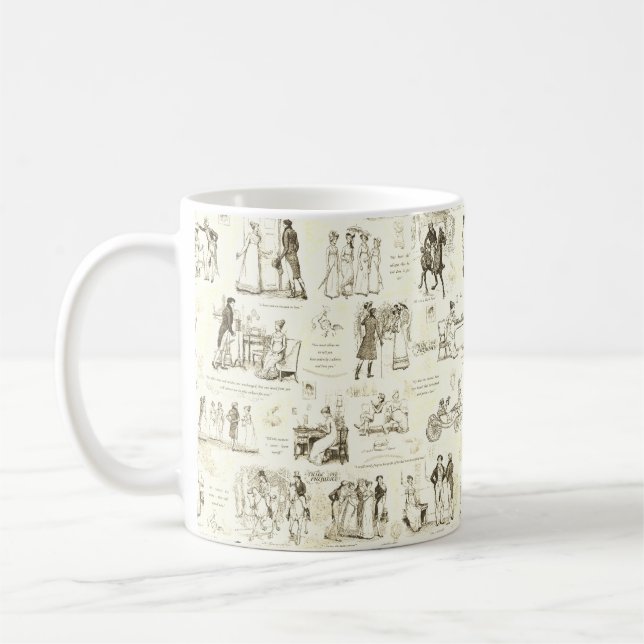 Stolz und Vorurteile Beige Sepia Toile Quotes Kaffeetasse (Links)