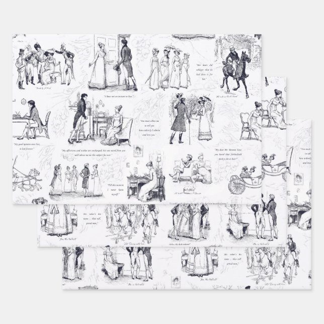 Stolz und Vorurteile Blue Gray Toile Quotes Geschenkpapier Set (Set)
