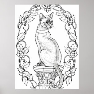 Stolze Katze auf klassischer Säule mit Stechpalme Poster