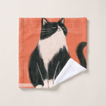 Stolze minimalistische Tuxedo-Katze auf Orange