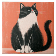 Stolze minimalistische Tuxedo-Katze auf Orange