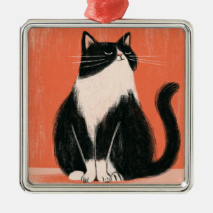 Stolze minimalistische Tuxedo-Katze auf Orange Ornament Aus Metall