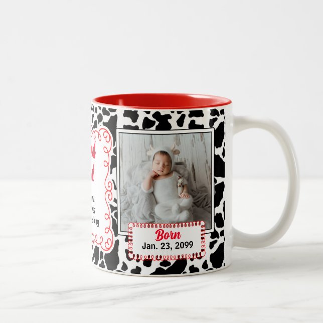 Stolze Tante Schwarz-weiße und rote Kuh Print Baby Zweifarbige Tasse (Rechts)
