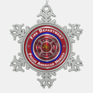 Stolzer amerikanischer Feuerwehrmann Schneeflocken Zinn-Ornament