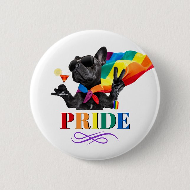 Stolzes Party Hund in Regenbogenkap Button (Vorderseite)