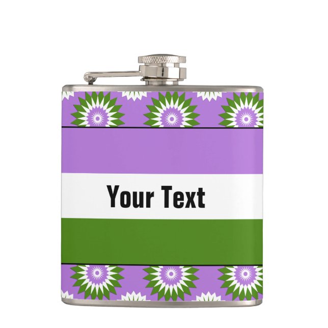 Stolzflagge für Genderqueer mit einer grünen Blume Flachmann (Vorderseite)