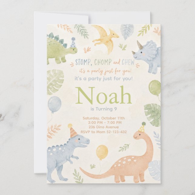 Stomp Chomp And Chew Dinosaur Invitation Editable Einladung (Vorderseite)