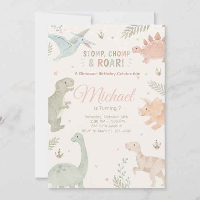 Stomp Chomp And Roar Dinosaur Invitation Editable Einladung (Vorderseite)