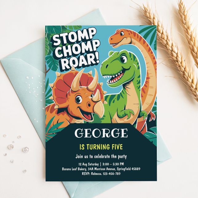 Stomp Chomp Brüll | Lustige süße Dinos 5. Geburtst Einladung (Von Creator hochgeladen)