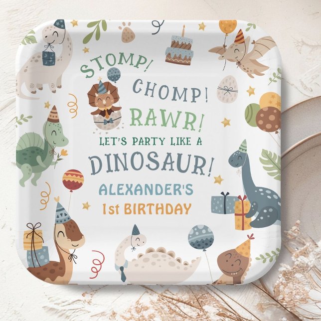 Stomp Chomp Rawr Dinosaur Boy 1st Birthday Pappteller (Von Creator hochgeladen)
