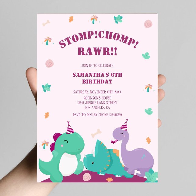 Stomp Chomp Rawr Pink Niedlich Dinosaur Geburtstag Einladung (Von Creator hochgeladen)