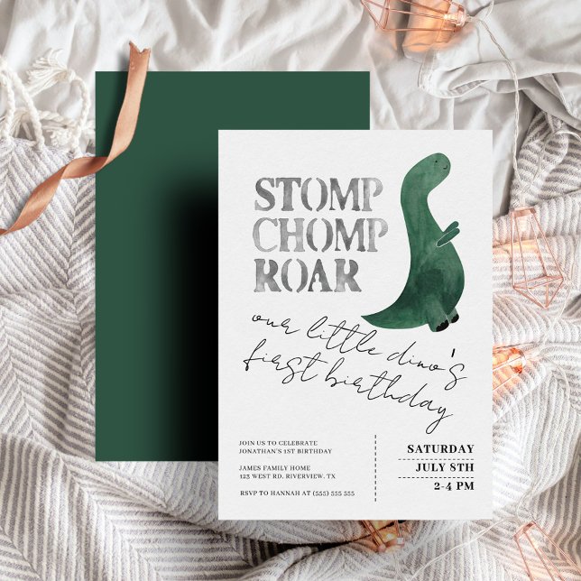 Stomp Chomp Roar Baby Boy Dinosaur Erster Geburtst Einladung (Von Creator hochgeladen)
