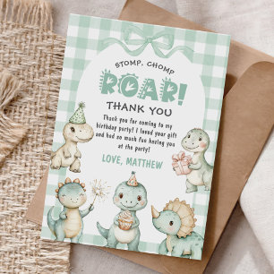 Stomp Chomp Roar Dinosaur Gingham 1. Geburtstag Dankeskarte