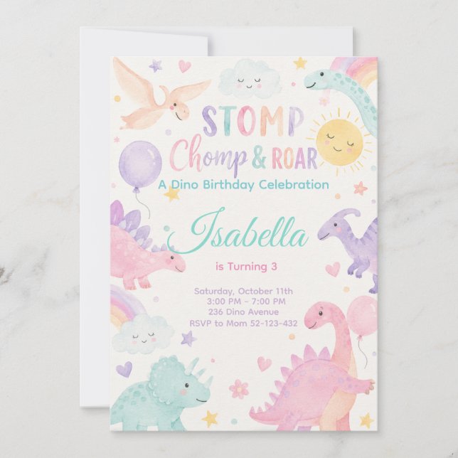 Stomp Chomp & Roar Dinosaur Invitation Editable Einladung (Vorderseite)
